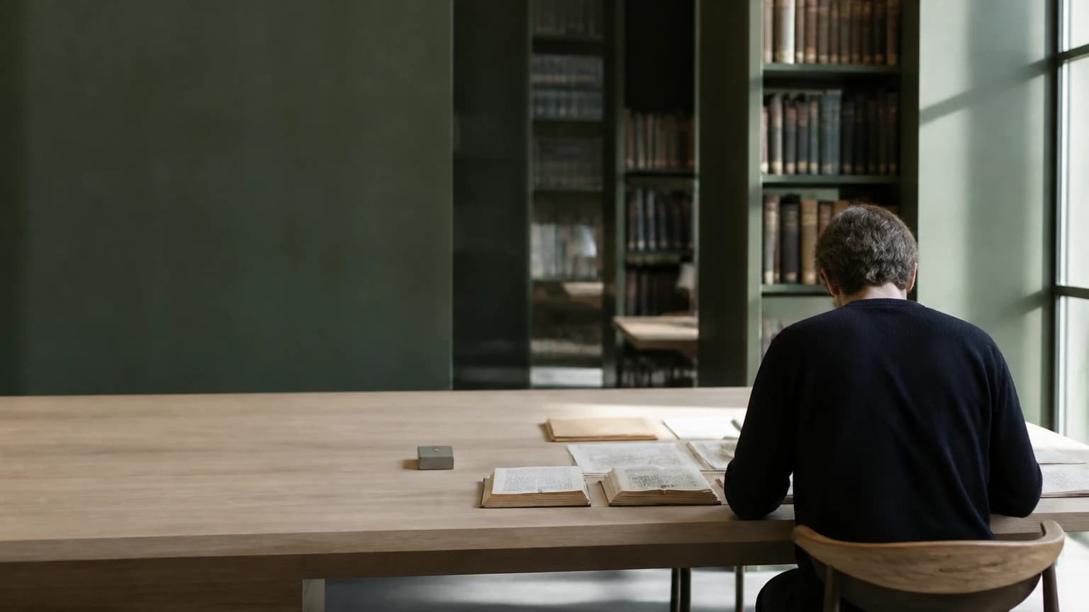 A researcher reviewing printed sources at a long table in a quiet green library