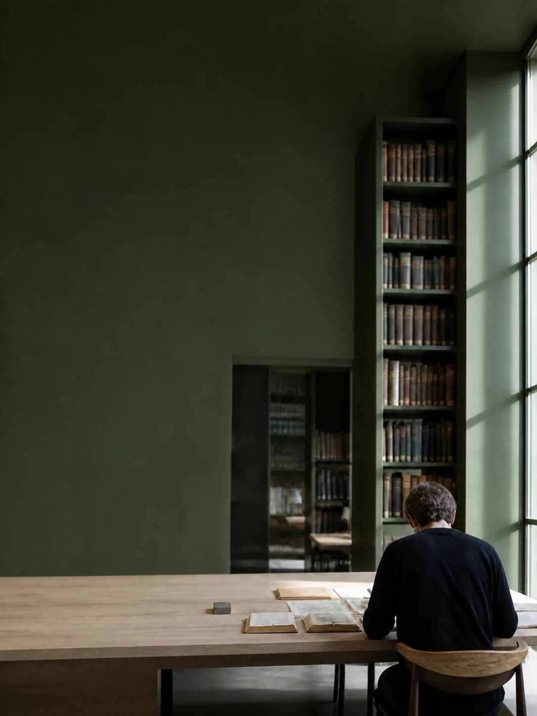 A researcher at a pale-wood table beneath tall green shelves